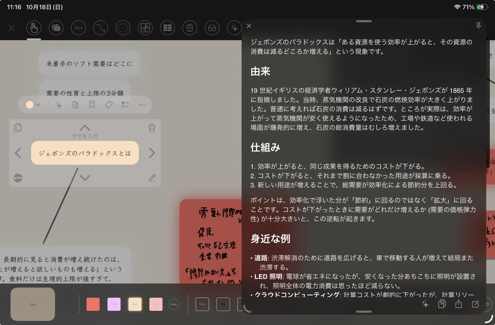 ThinkSpace の実際の画面。「ジェボンズのパラドックスとは」というカードを選択し、その AI 回答がフローティングのメモで開いている。周りにはソフトウェア需要についてのテキストと手書きのカード